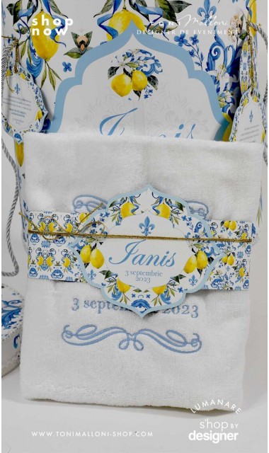 Trusou botez mediteranean inspiratie italia Capri Sorrento cu lamai si faianta alb cu albastru Italian Boy 6